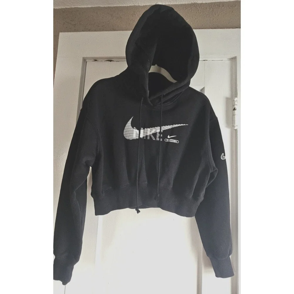 NIKE Swoosh fleece pullover‎ crop hoodie woman XS black